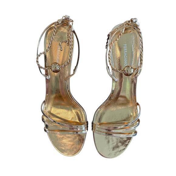 Ferragamo Denise Sandals Heel Chain Ankle Strap 70mm Metallic Gold Party Sz 7 - Picture 3 of 14